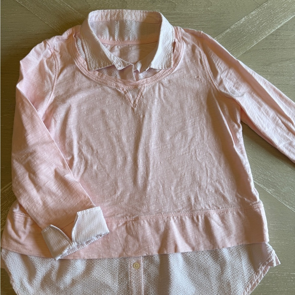 Ladies Pale Pink Layered-Look Long Sleeve Top with Faux Shirt Hem & Collar